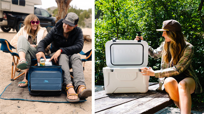 On the left: Two people sitting outside while camping and one person is reaching into a cooler bag for a cold drink. Image on the right: girl sitting outside with a hard cooler.