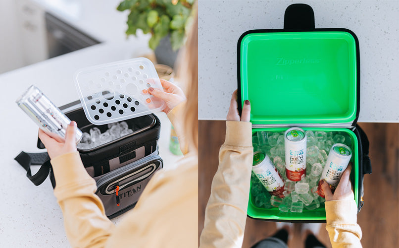 Person packing an insulated cooler with cans and ice.