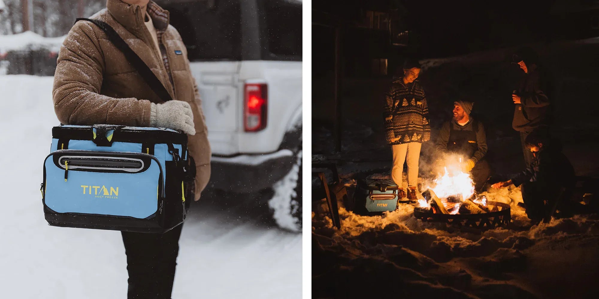 Man holding a Titan Deep Freeze® 30 Can Zipperless Hardbody® Cooler in the winter. Group of people gathered around the campfire in the winter