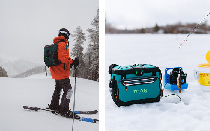 Man on skis wearing a Titan by Arctic Zone™ 24 Can Backpack Cooler next to a person ice fishing beside a Titan by Arctic Zone™ 30 Can Zipperless Hardbody® Cooler and bucket of bait.