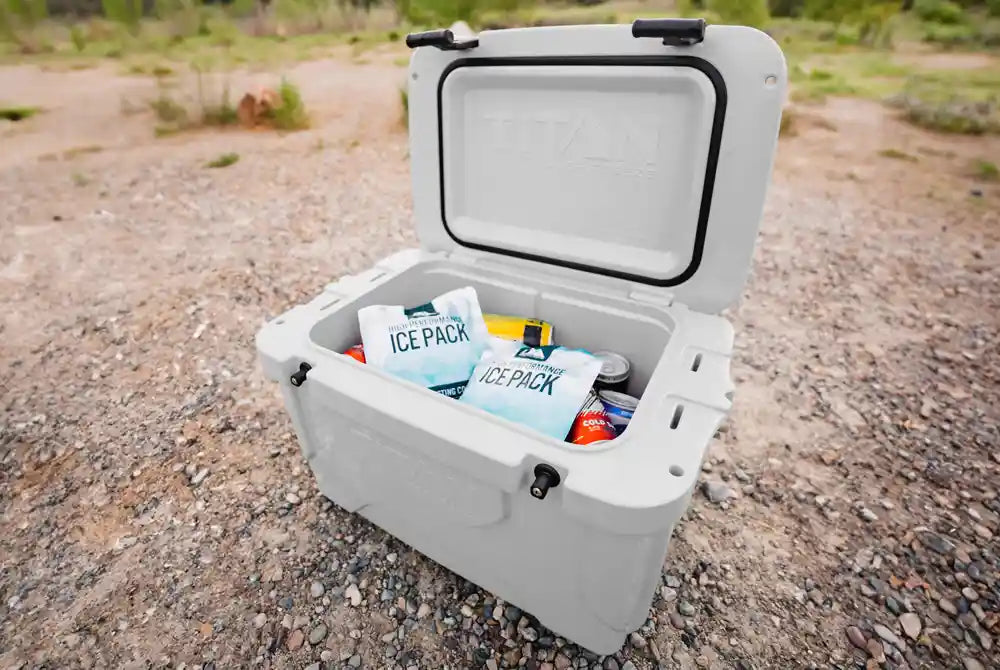 Titan Ice Chest filled with cold drinks and reusable ice packs