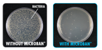 2 petri dishes - Left - showing how much microbes grow without microban - Right - shows how a surface with microban shows far less growth