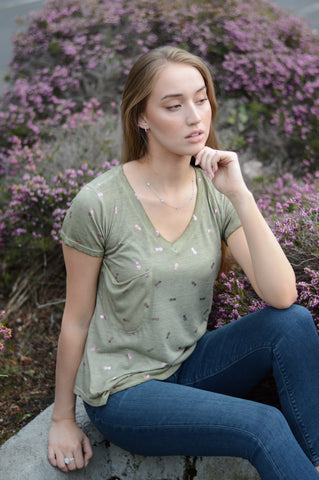 moss light sage olive green Short Sleeve V-Neck T-Shirt with shiny metallic foil pineapple print and a slouch slub pocket by high quality women's designer clothing brand dantelle apparel