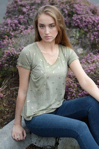 moss light sage olive green Short Sleeve V-Neck T-Shirt with shiny metallic foil pineapple print and a slouch slub pocket by high quality women's designer clothing brand dantelle apparel