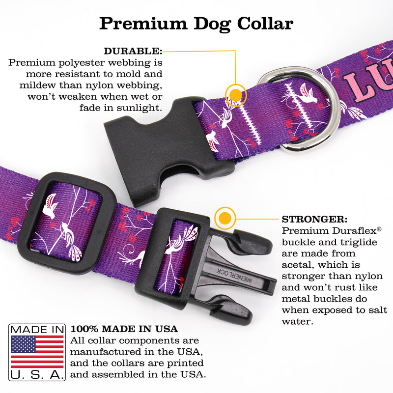 Buttonsmith Love Birds Purple Custom Dog Collar - Made in USA