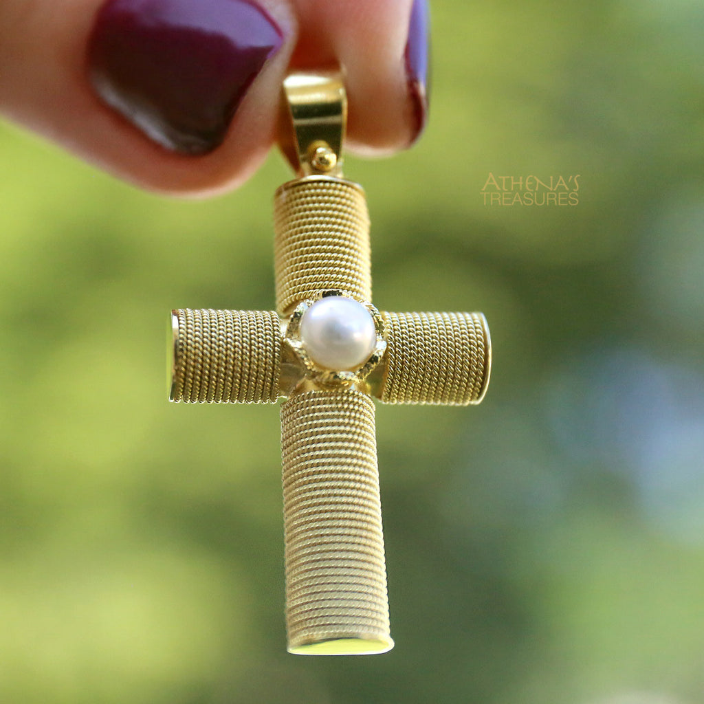 Latin Cross with Ropes Greek 18k Gold Western Cross With Pearl – Athena ...