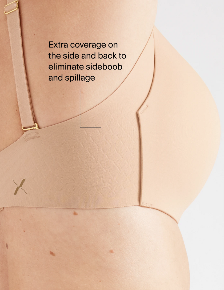 Extra coverage on the side and back to eliminate sideboob and spillage 