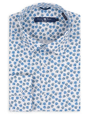 Image of a dark beige and light blue button-up shirt with a mini dandelion print.