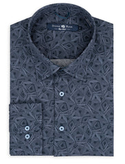 Long-sleeve, button-up shirt in navy with a geometric pattern.