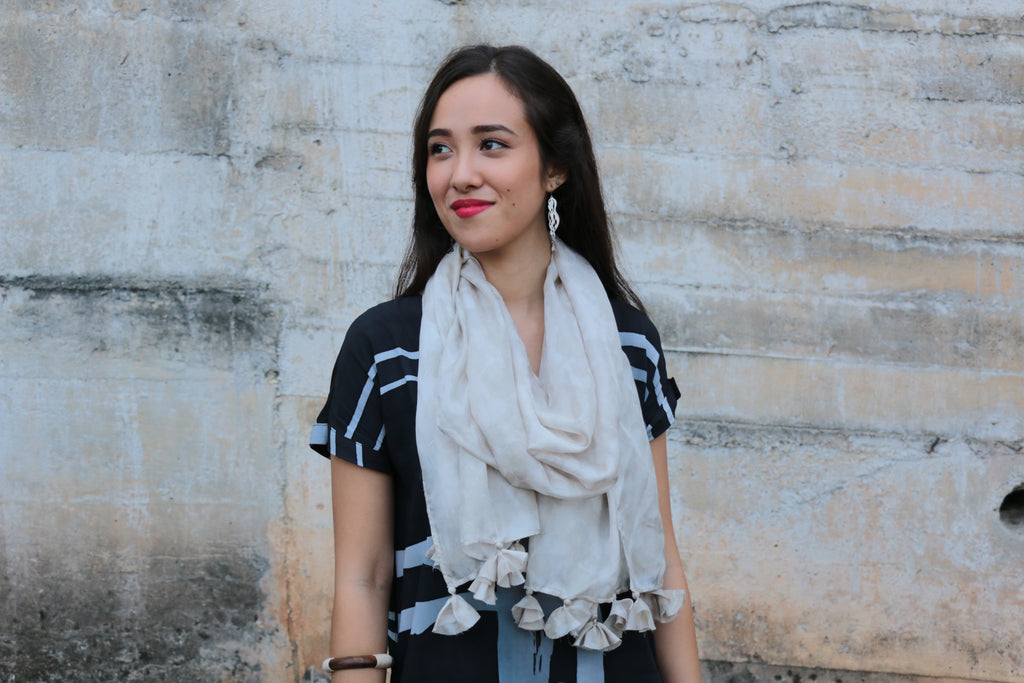 hand-dyed silk shibori scarf with tassels, made ethically by artisans in Malaysia