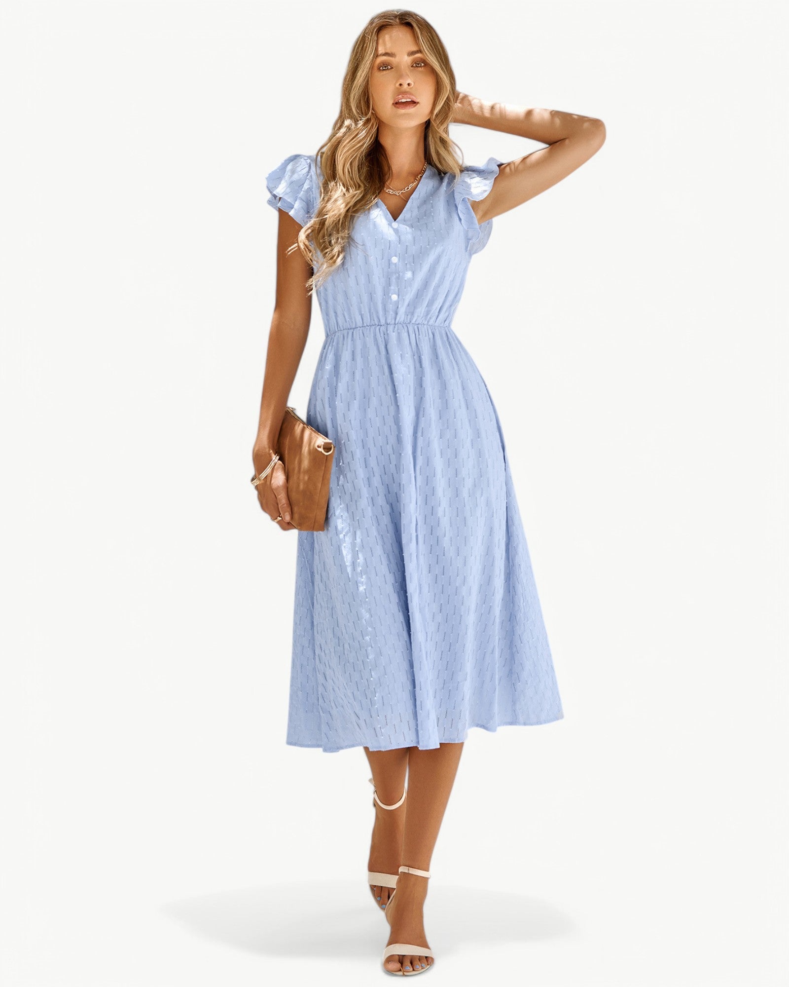 LARA – Midikleid mit V-Ausschnitt und Rüschenärmel – Leicht & stilvoller Favorit
