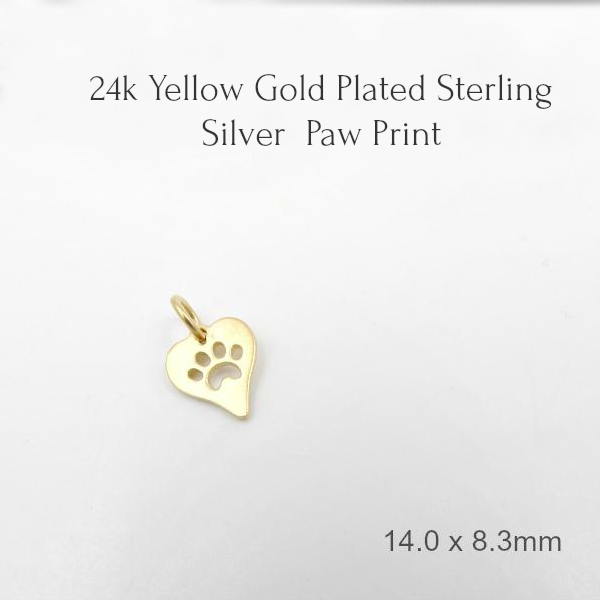 Heavy Yellow Gold-Plated Sterling Silver Cut-Out Paw-Print Heart Charm – Flowers Bellabeads