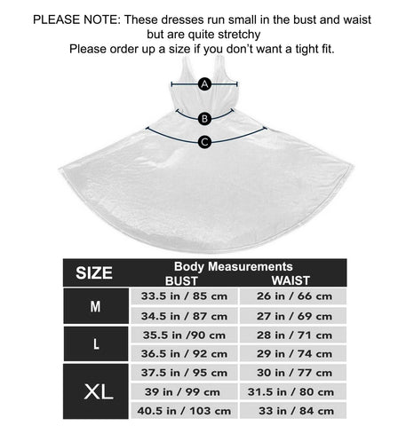 sizing chart for the Alice in Wonderland midi dress