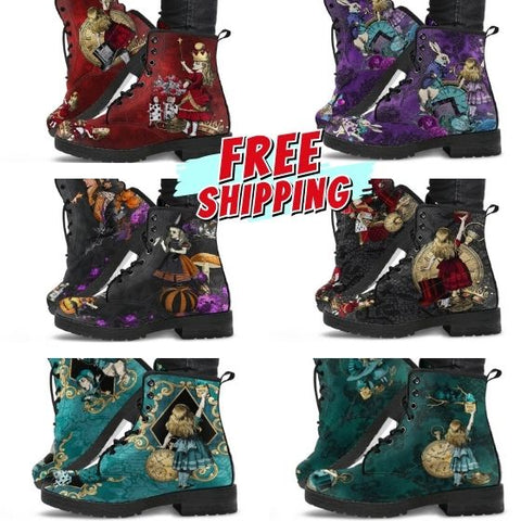 an image of a selection of vegan leather Alice in Wonderland themed boots