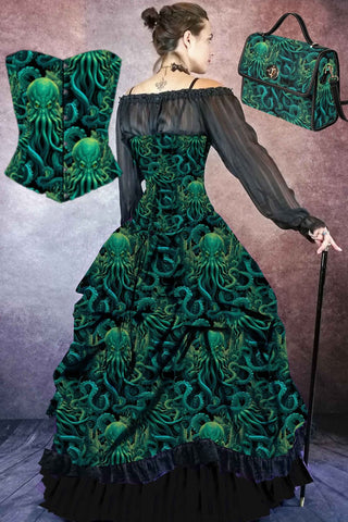 Call of Cthulhu corset gown showing the front of the corset and matching handbag