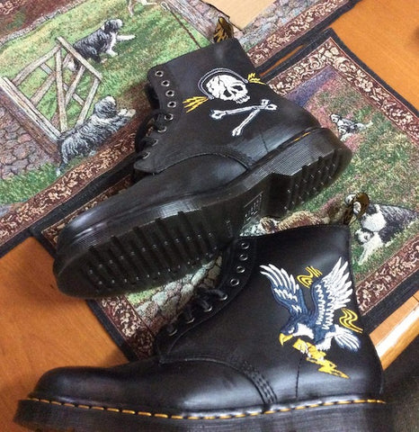 A pair of Dave's more goth themed boots, note the embroidery on this pair