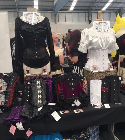 corset display for Gallery Serpentine + Victorian and Steampunk corsets for cosplayers stall at Goulburn Comic Con 2023