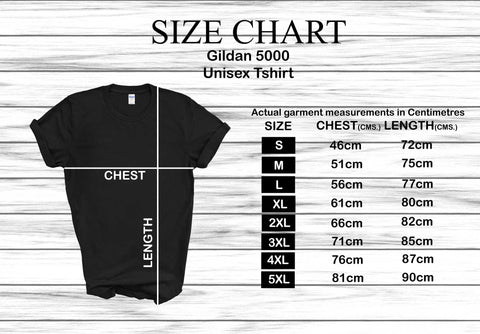 size chart in cm's for the Gildan 5000 unisex heavy cotton t-shirt