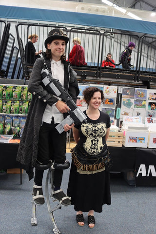 cosplayer John and Victoriana and Steampunk Fair organiser Julie-Anne at Goulburn Comic Con 2023