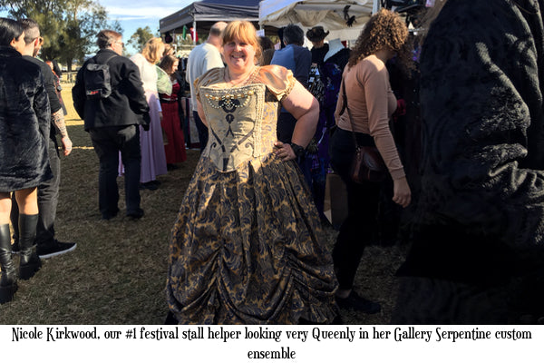 Nicole Kirkwood the most amazing festival stall helper and corset lacer at Gallery Serpentine Victorian and Steampunk stall, Winterfest Medieval Faire Sydney 2023