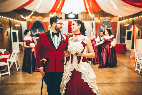 Gallery Serpentine bridal client Julia with husband Curtis at their The World's Greatest Showman wedding in the US