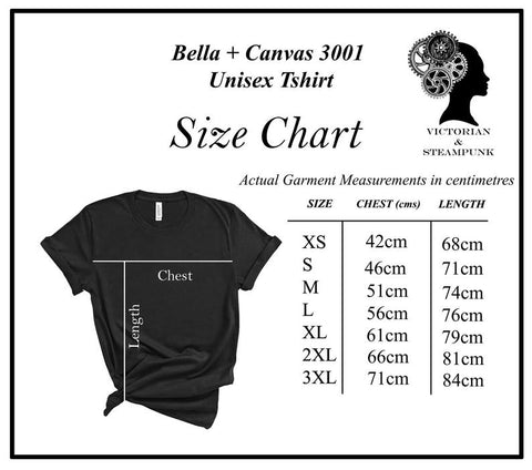 size chart in cms for the Bella + Canvas 3001 Unisex Alice in Wonderland printed t-shirt