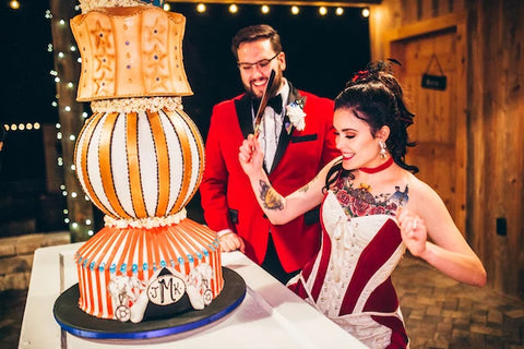 Julia and Curtis' giant circus tent wedding cake for their The World's Greatest Showman wedding in the US