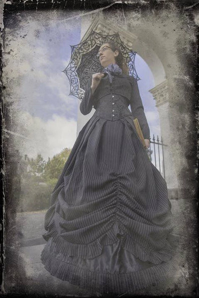 Tin type old world image of Tessa Ambrose wearing Gallery Serpentine Pinstripe Victorian Wedding Dress at the Clunes Booktown festival