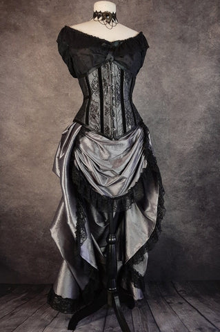 two piece set of steel boned custom made corset and matching victorian bustle skirt in silver by Gallery Serpentine