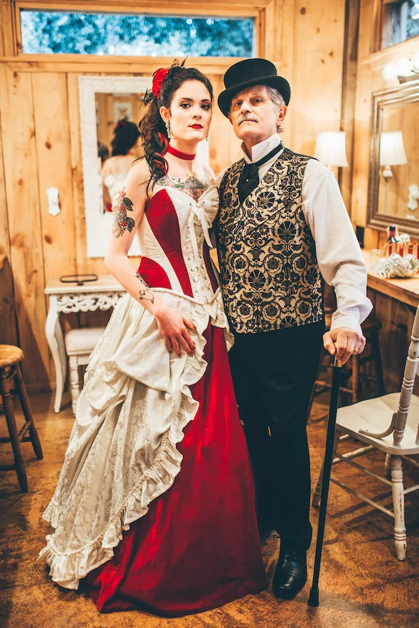 Julia in her Gallery Serpentine red and ivory bridal gown with her proud father