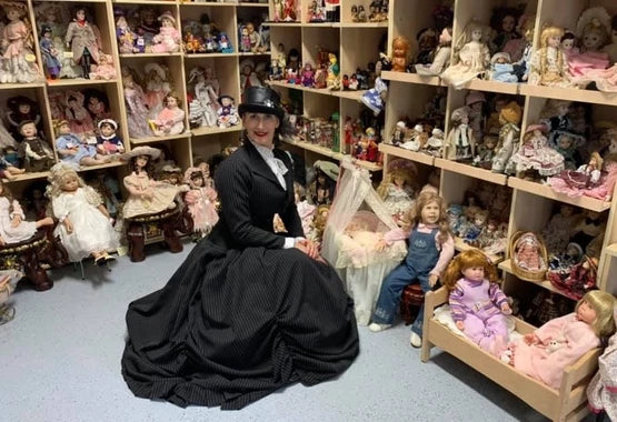 Silvia in her unique Doll Museum at Monte Cristo Homestead wearing the splendid pinstripe victorian wedding dress by Gallery Serpentine