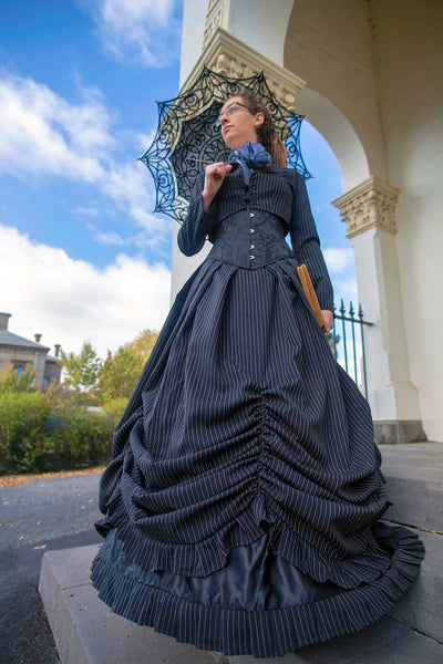 Tessa Ambrose chose the Pinstripe Victorian Wedding Dress as her costume for the Clunes Booktown Festival