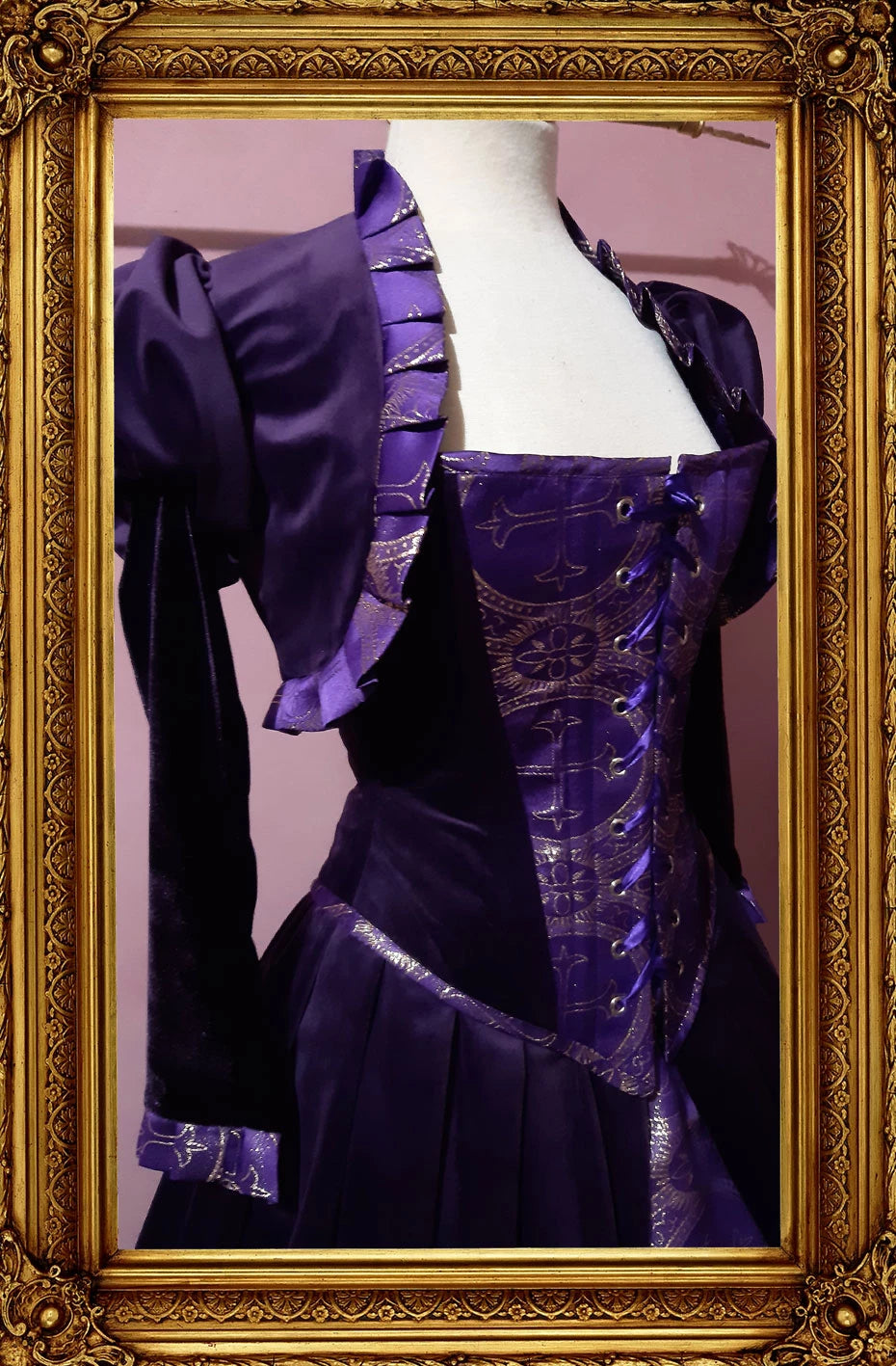 dark rich purple velvet and medieval patterned purple and gold brocade corset and bolero 