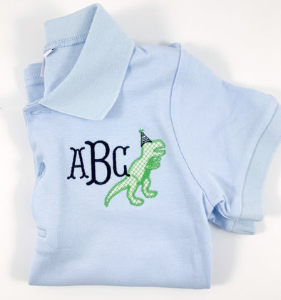 Polo - Boys Light Blue Polo Shirt - Birthday Shirt - Monogram with Birthday Dinosaur Applique