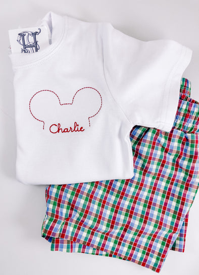 Boy Mouse Outlined and Name in Red Thread on Boy's White Shirt