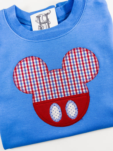 Big Happy Mouse Red and Royal Blue Applique -  Boy's Blue Shirt Personalized