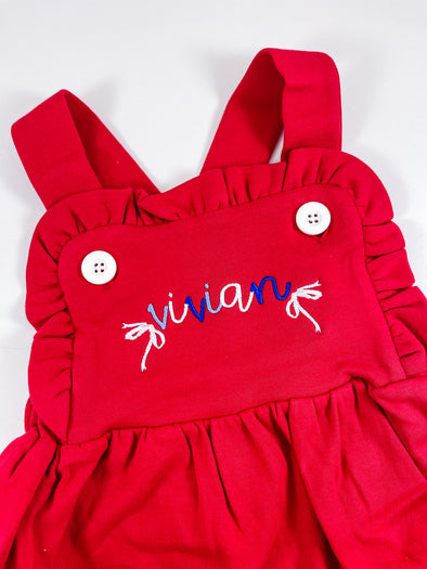 Fourth of July Red, White, and Blue Child's Name Embroidery on Baby/Toddler Girls Personalized Red Ruffled Bubble/Sunsuit