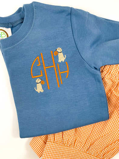 Monogrammed Boy's Fall Shirt - Blue Shirt with Puppy Dogs and Pumpkins