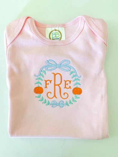 Monogrammed Fall Pumpkin Embroidery on Baby's Newborn Gown