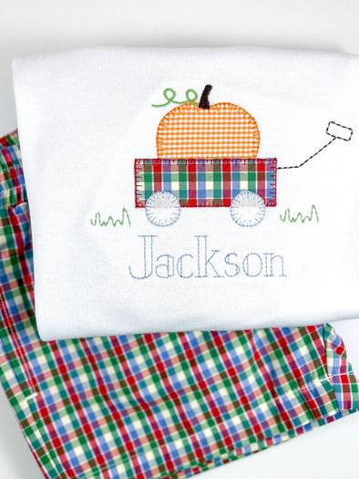 Pumpkin and Wagon Applique on Boy's White Shirt Personalized