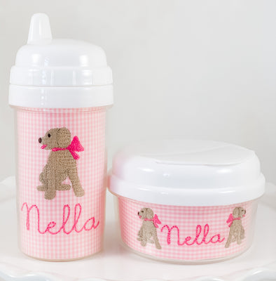 Puppy Dog Embroidery - Drink and Snack Cups - Personalized on Pink Gingham Fabric Insert