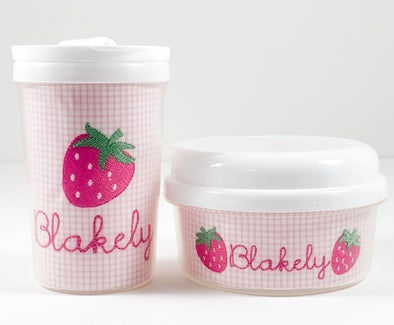 Strawberry Embroidery - Drink and Snack Cups - Personalized on Pink Windowpane Fabric Insert