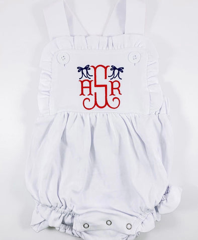 Monogrammed Baby/Toddler Girls White Ruffled Bubble/Sunsuit