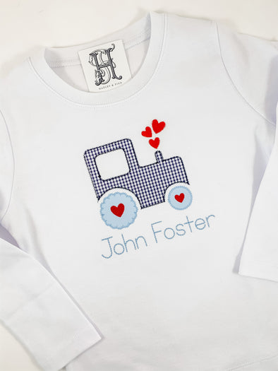 Valentines Boy's White Shirt with Tractor Applique Personalized with Name