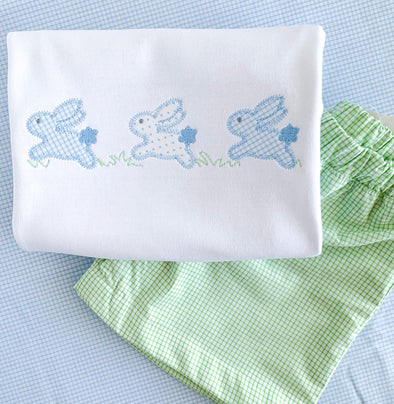 Easter Bunny Trio in Blue Fabrics on Boys White Shirt Personalized with Name