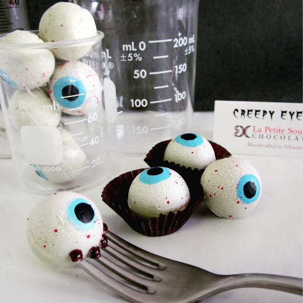 Halloween themed scene with chocolate eyeballs in a scientific beaker.  One eyeball is pierced with a fork and chocolate is oozing out.