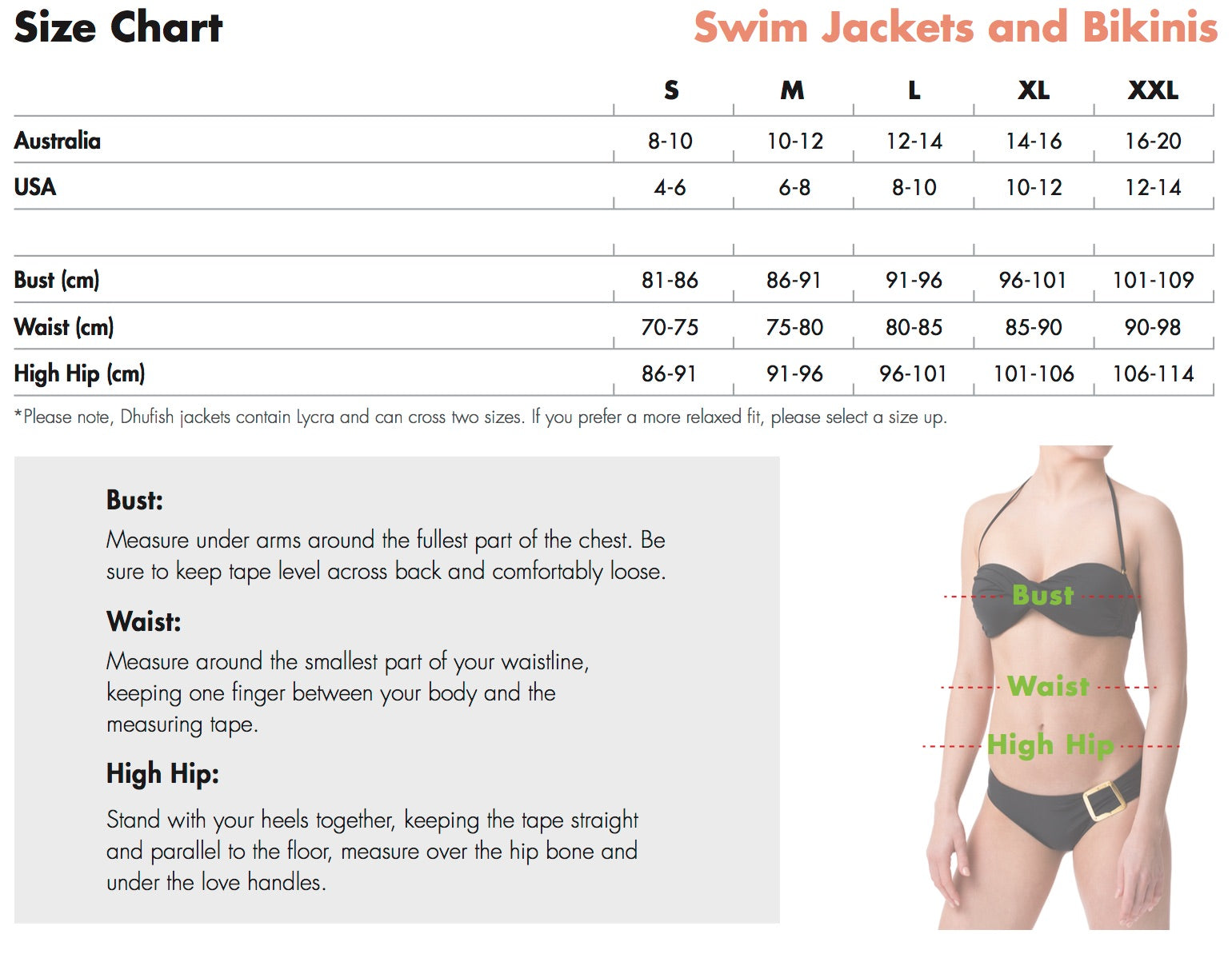 Swimwear Size Chart Australia