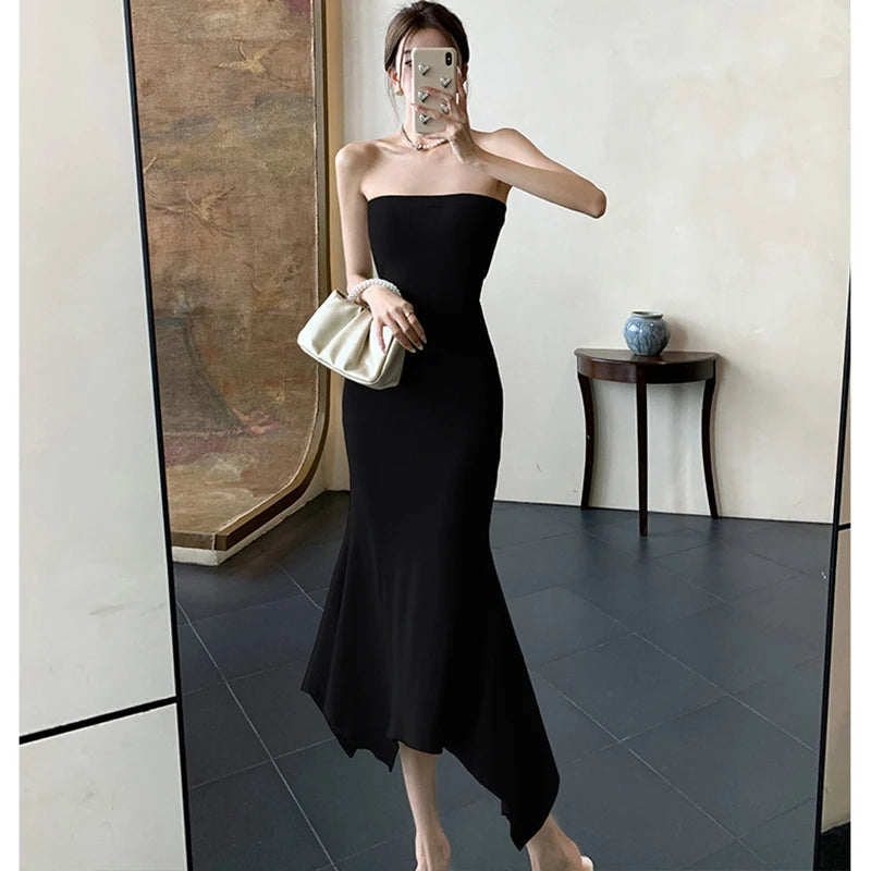 Green Knitted Chest Wrapping Long Dress - Elegant Ruffled Mermaid Dress for Women