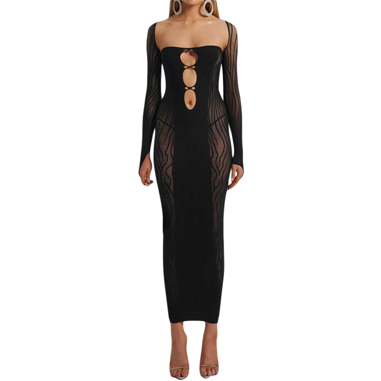 Mesh Hollow Out Maxi Dress with Square Neck and Long Sleeves