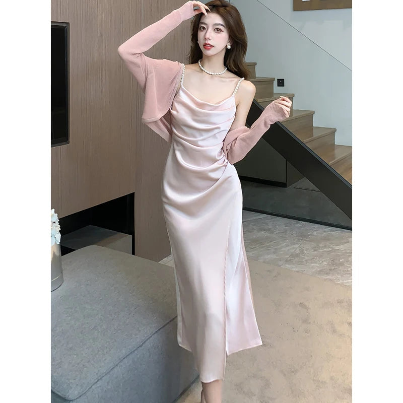 Pink Acetate Satin Beaded Sling Dress and Knitted Cardigan Two Piece Set - Summer Collection